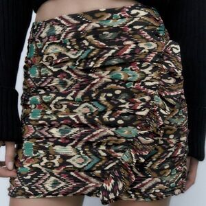 Zara Multicolor Patterned Ruched Mini Skirt - Black, Green, Pink, Gold